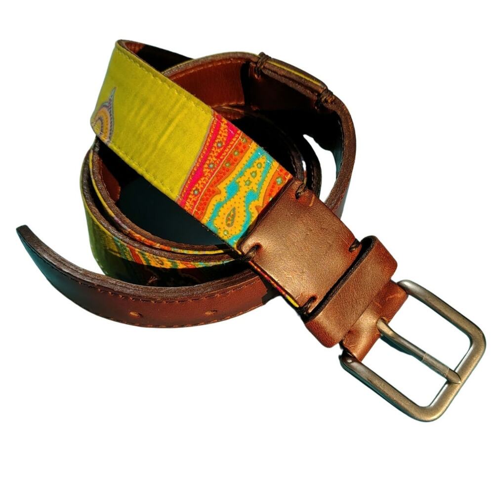Green Floral Waxed Canvas on Brown Leather Belt Size 36 by HEALgoods USA Made